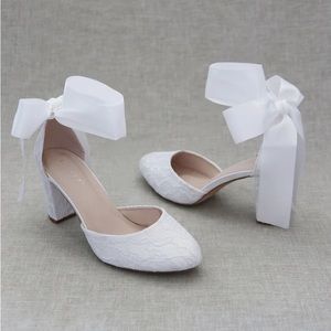 White Lace Block Heel with WRAPPED SATIN TIE, Women Wedding Shoes, Bridal Shoes